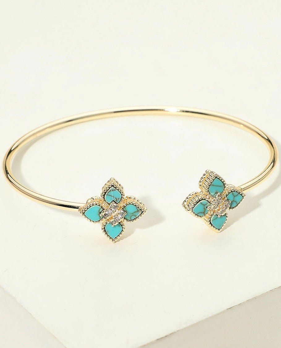 14K Gold Plated CZ Pave Clover Tip Cuff Bracelet