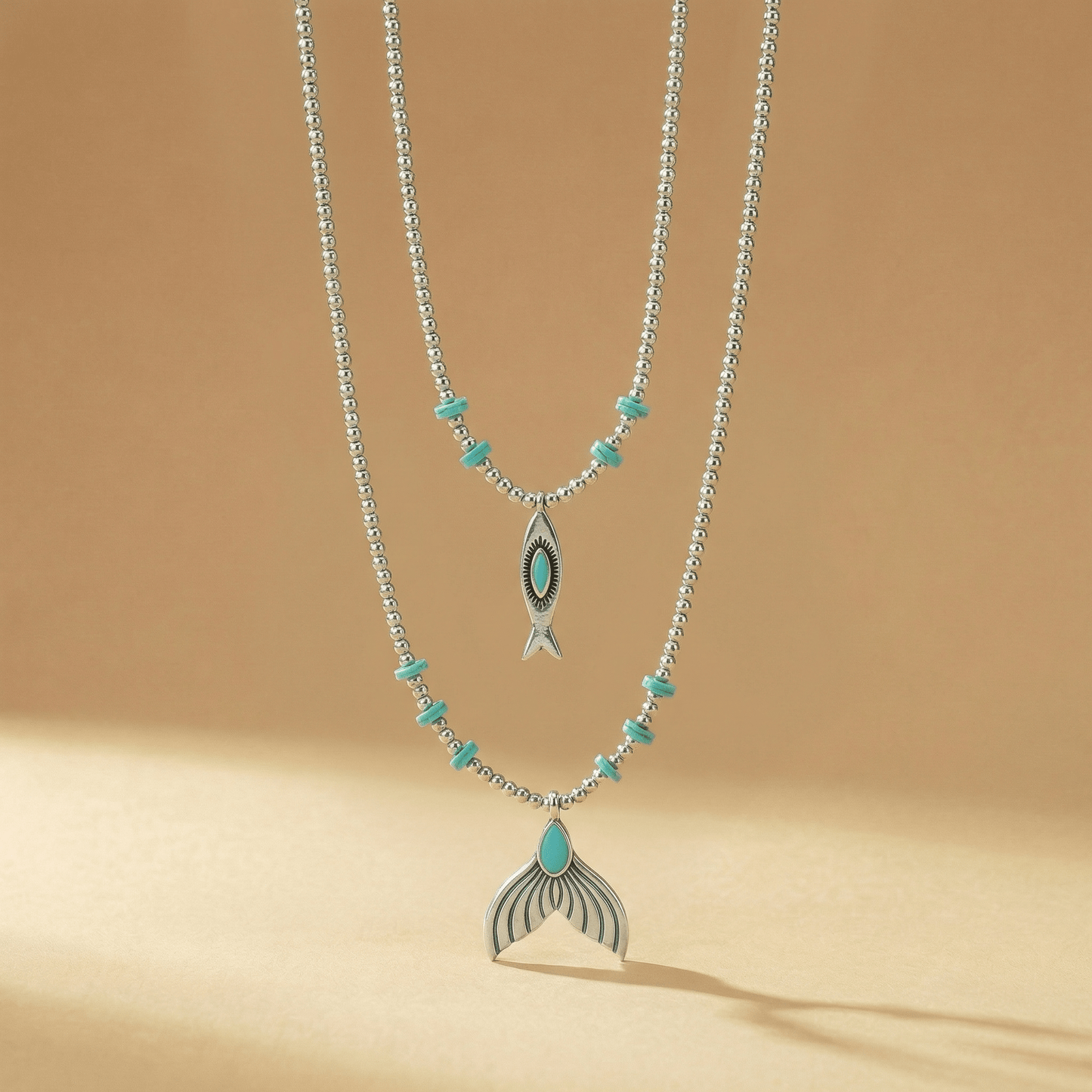 Double Silver Layer Hematite & Turquoise Sea Charm Necklace