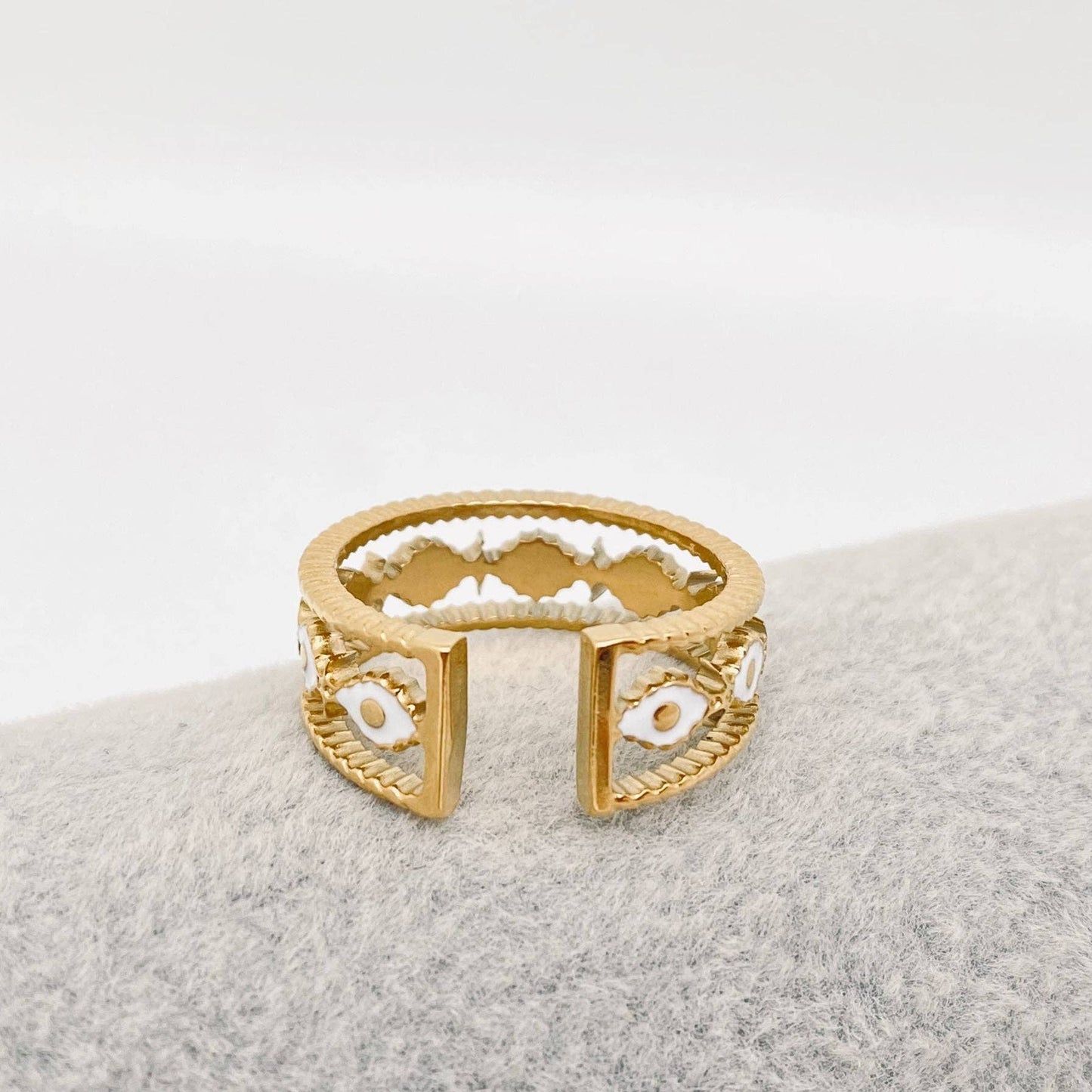 White Enamel Hollow 18K Gold Plated Stainless Steel Ring-FGS