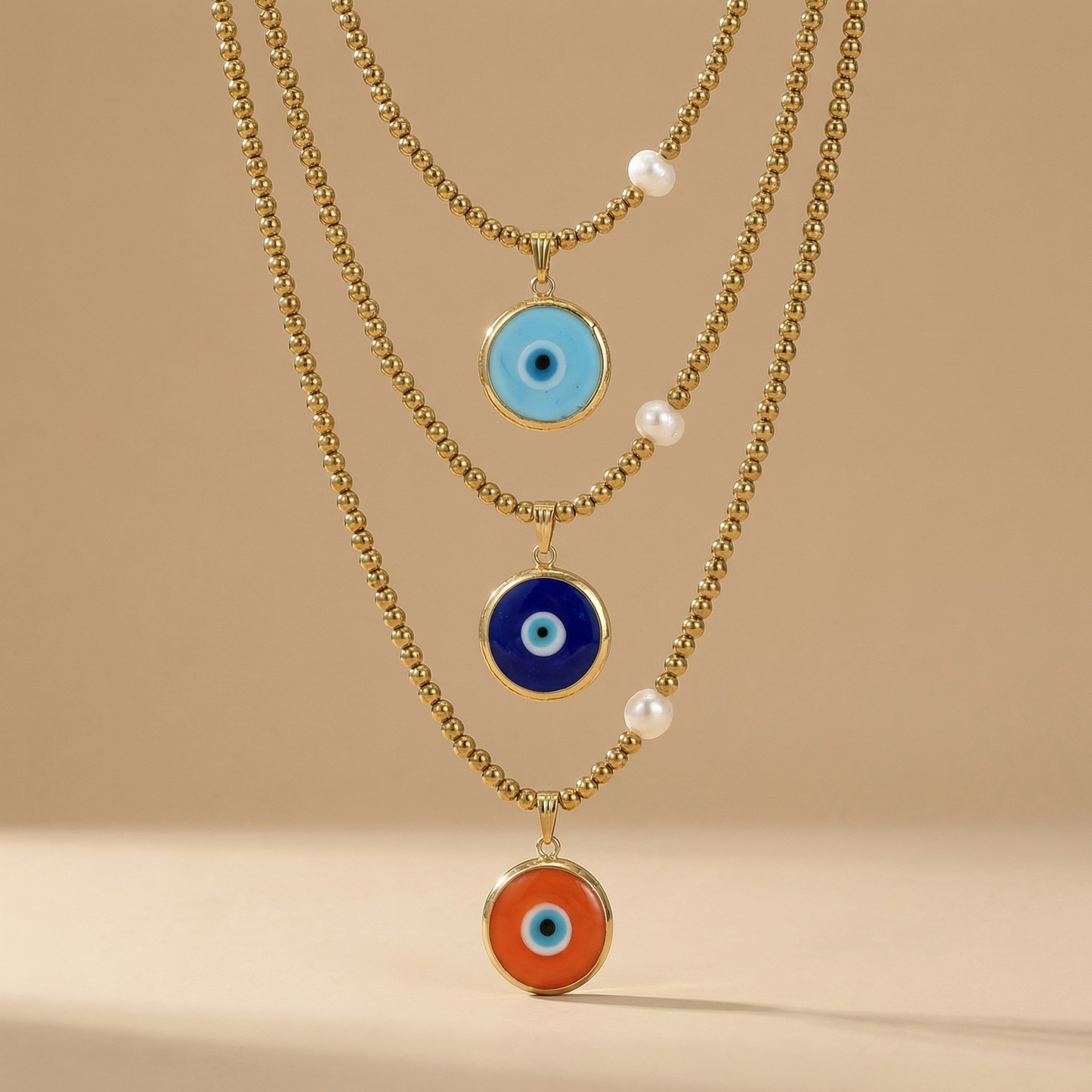 Turquoise Glass Evil Eye Necklace with Gold Hematite & Pearl