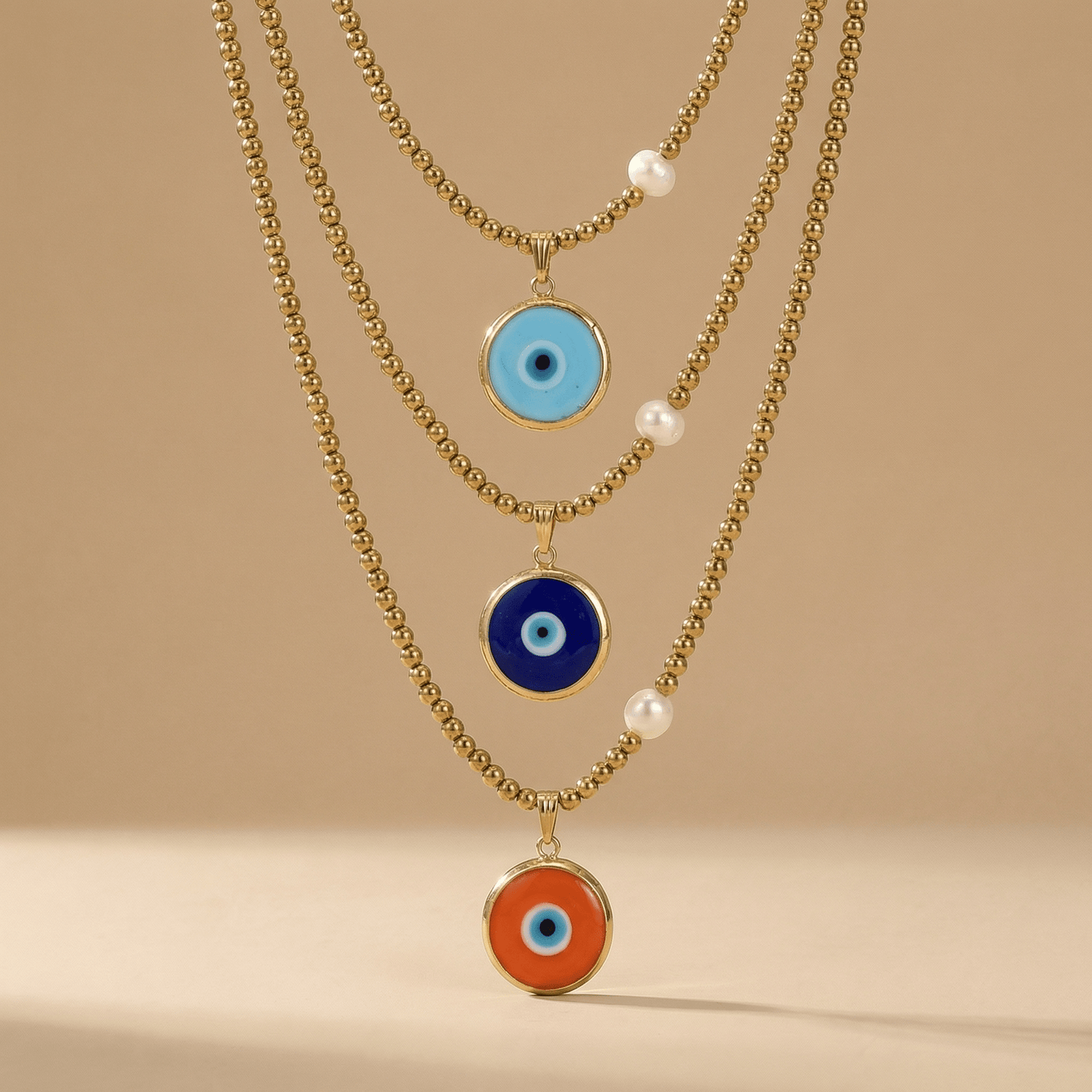 Turquoise Glass Evil Eye Necklace with Gold Hematite & Pearl