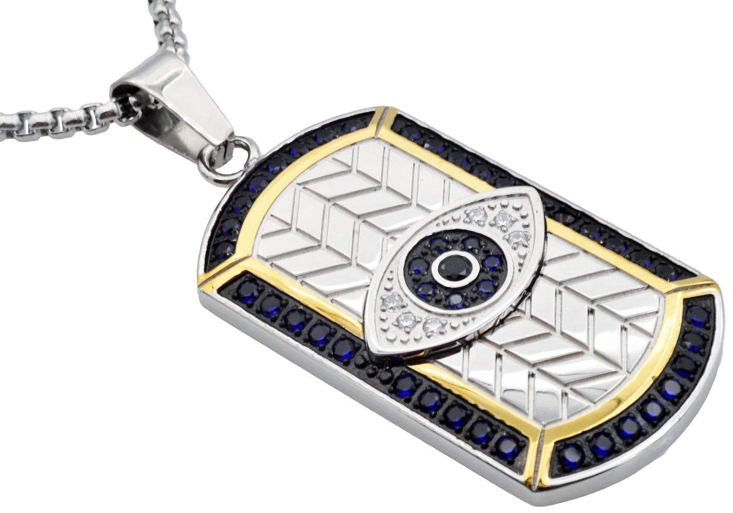 Men's Tri Tone Black And Gold Stainless Steel Evil Eye Dog Tag Pendant With Blue Cubic Zirconia