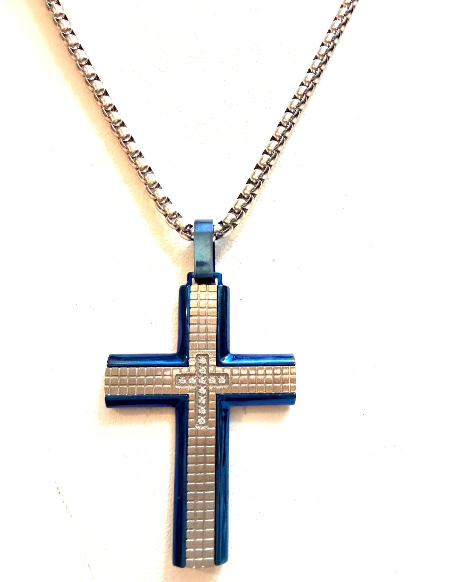 Men's Black Stainless Steel Cross Pendant Necklace With Franco Link Chain Inlay