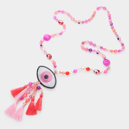 Evil Eye Accented Tassel Beaded Long Necklace