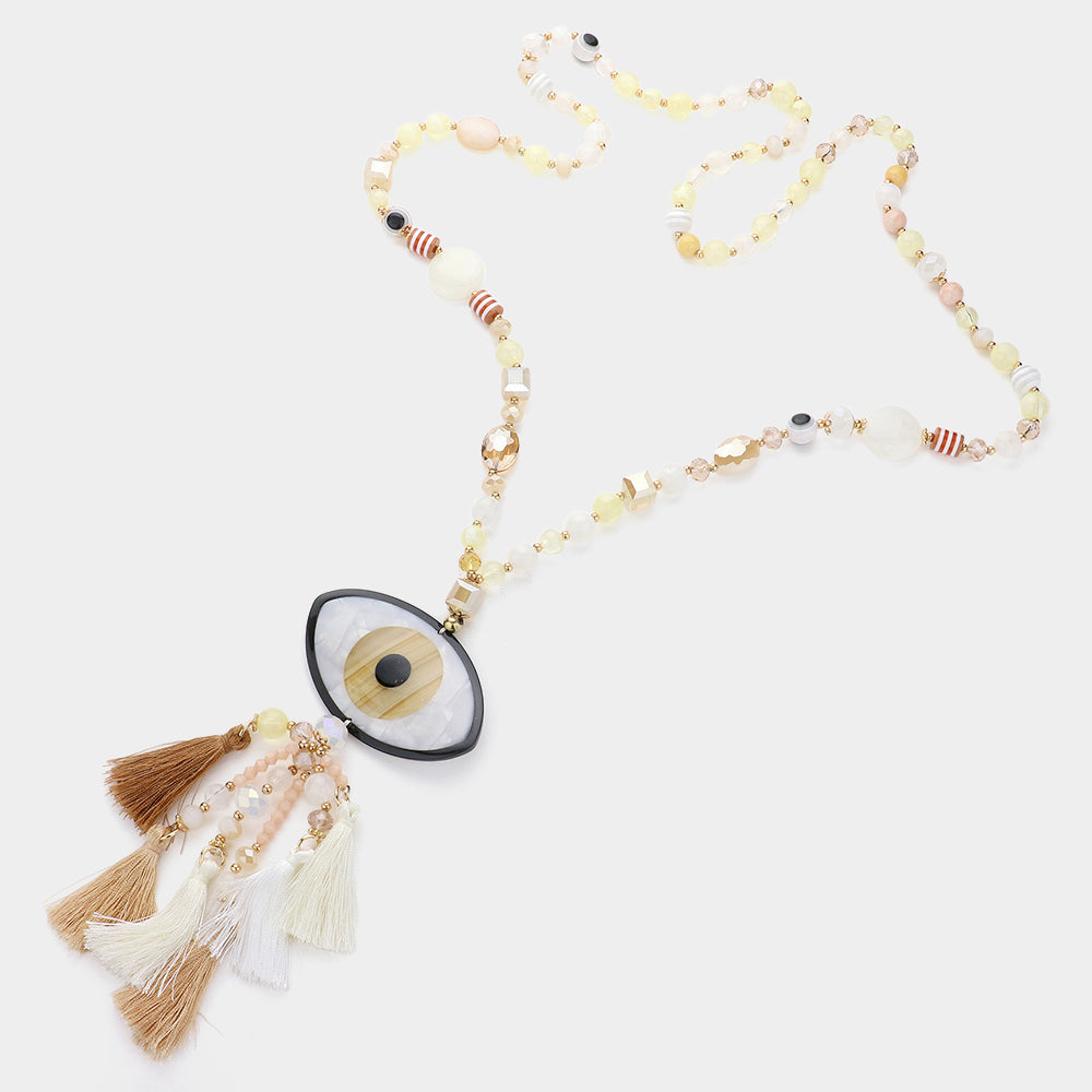 Evil Eye Accented Tassel Beaded Long Necklace