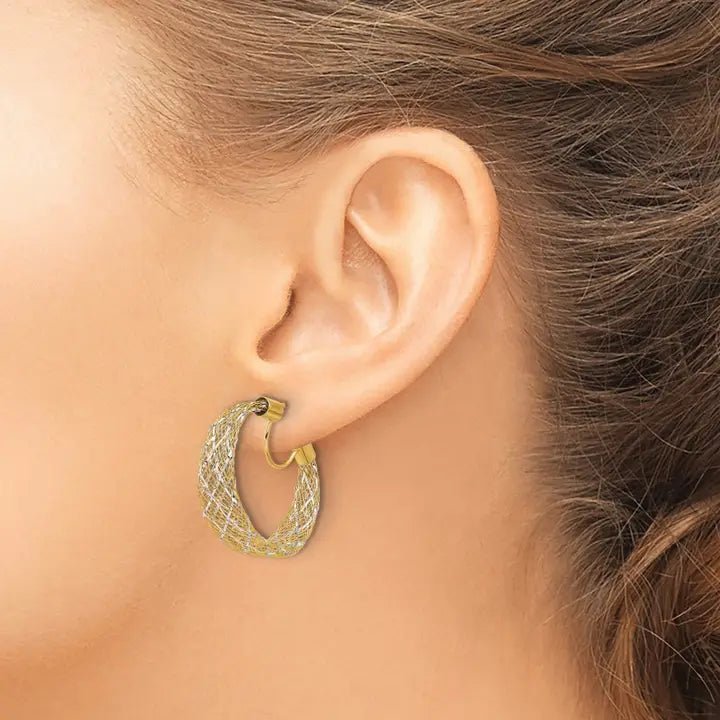 14K Yellow & Rhodium Gold Textured Mesh Hoop