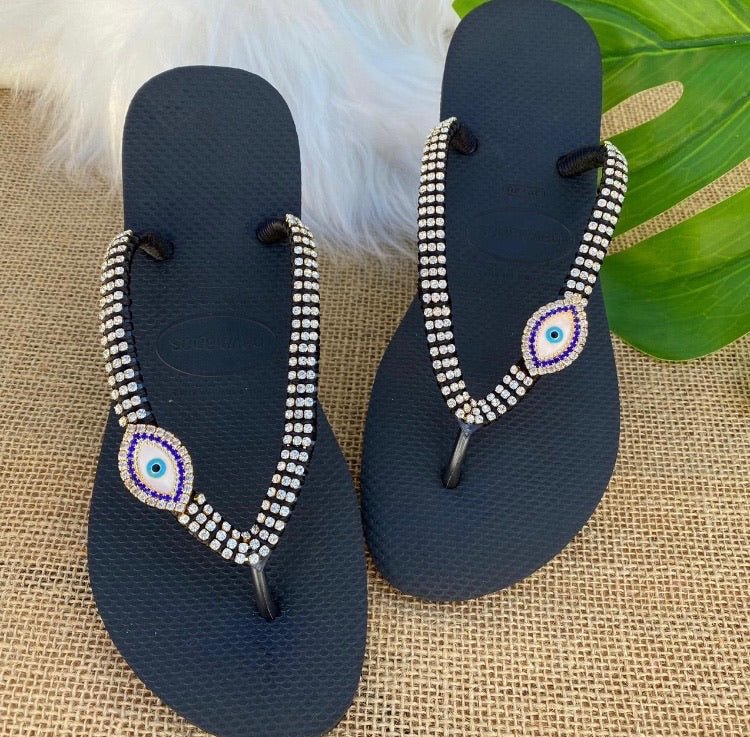 Dark navy evil eye flip flops