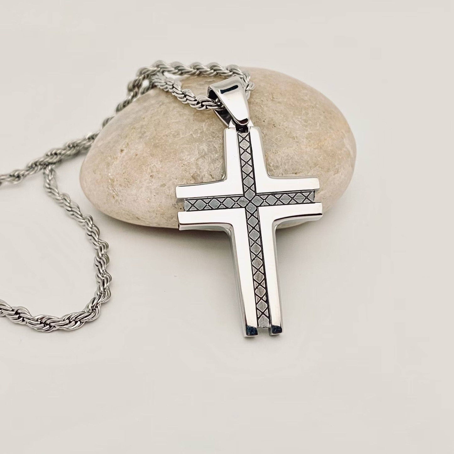 Carved Pattern Stainless Steel Cross Necklace - MJ/MNP