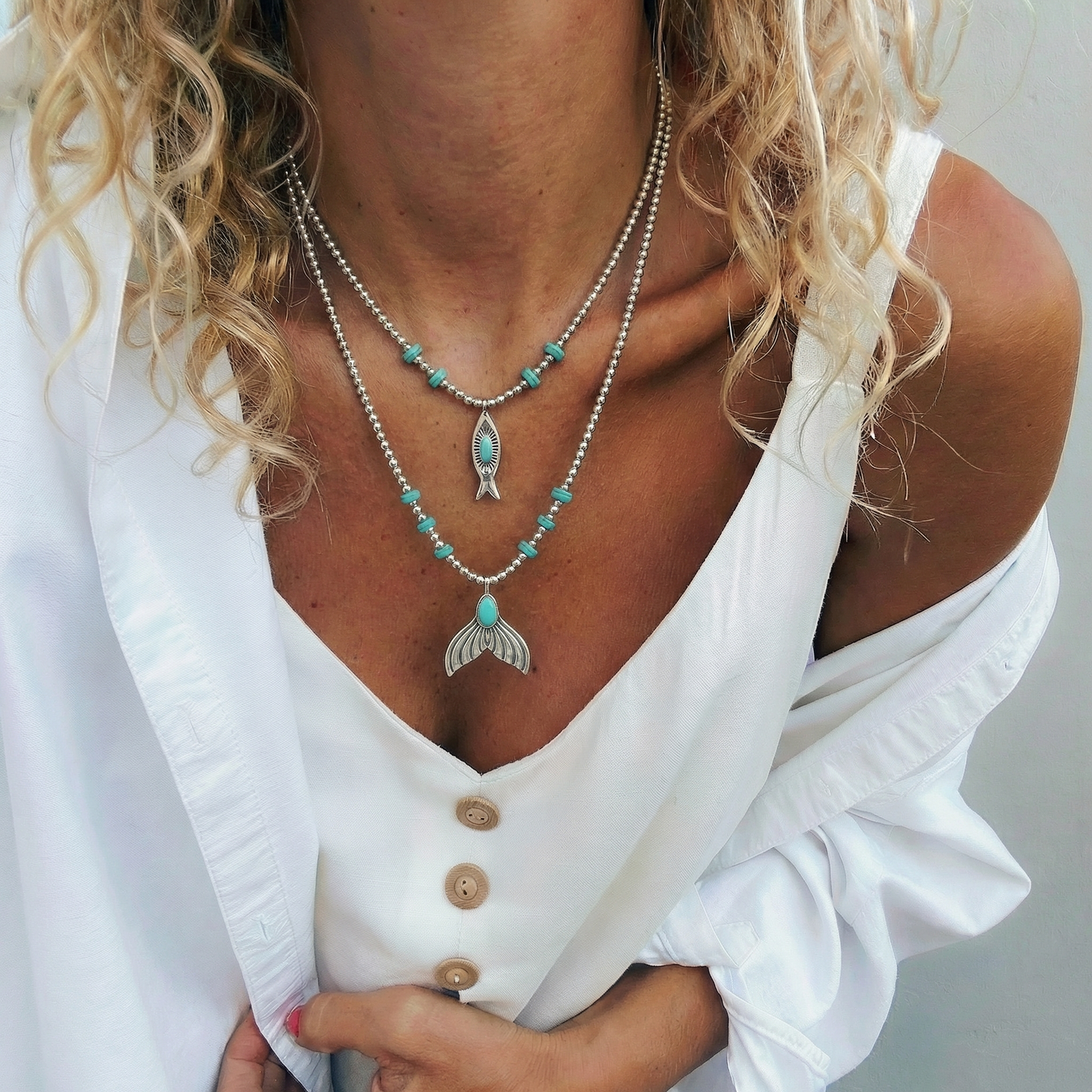 Double Silver Layer Hematite & Turquoise Sea Charm Necklace