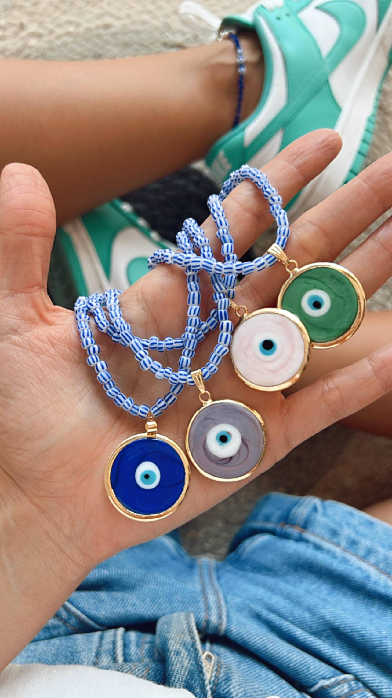 Greek colored beaded necklace with colorful glass eye charm
