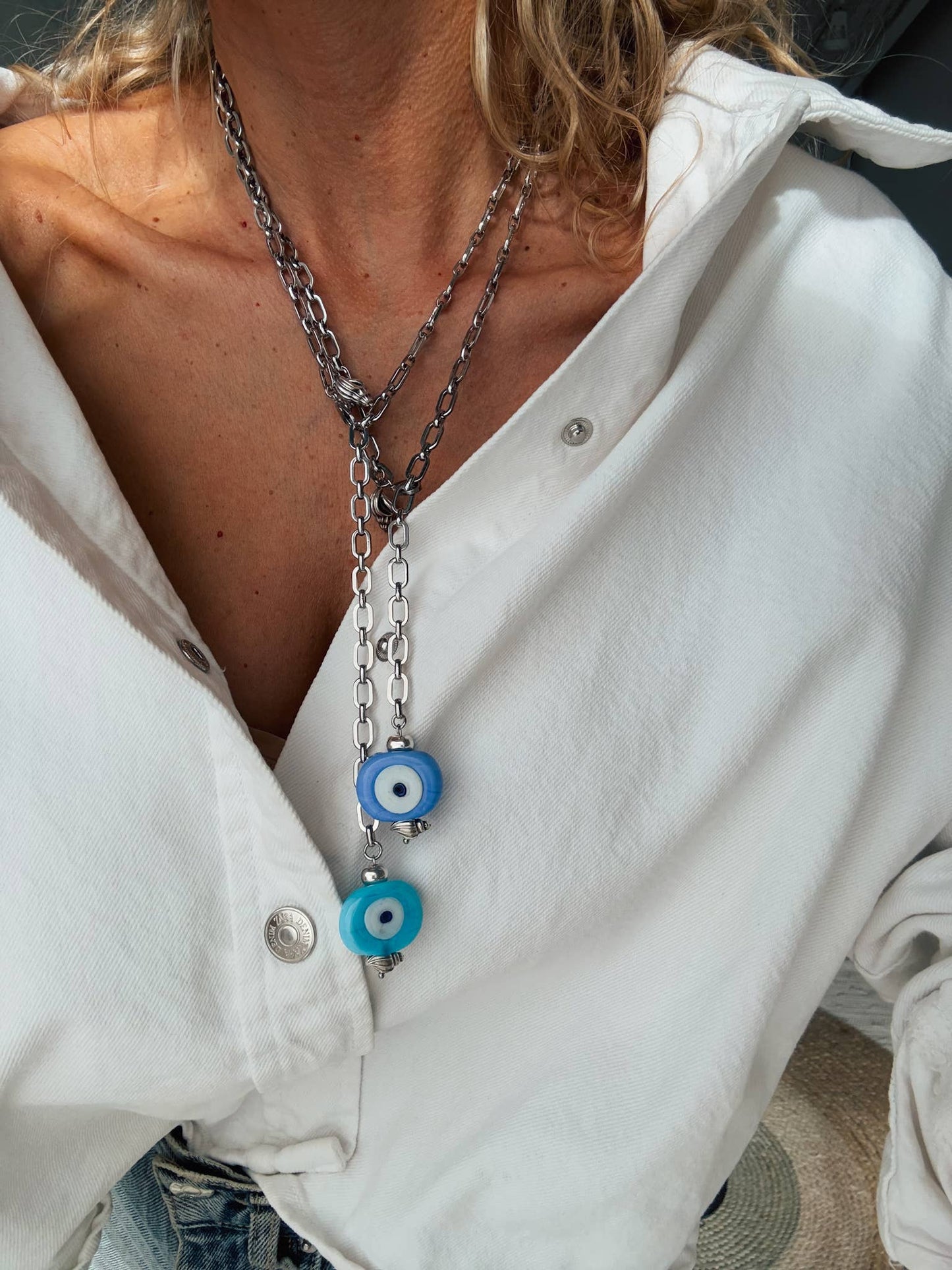 Silver lariat statement necklace with Greek protection eye