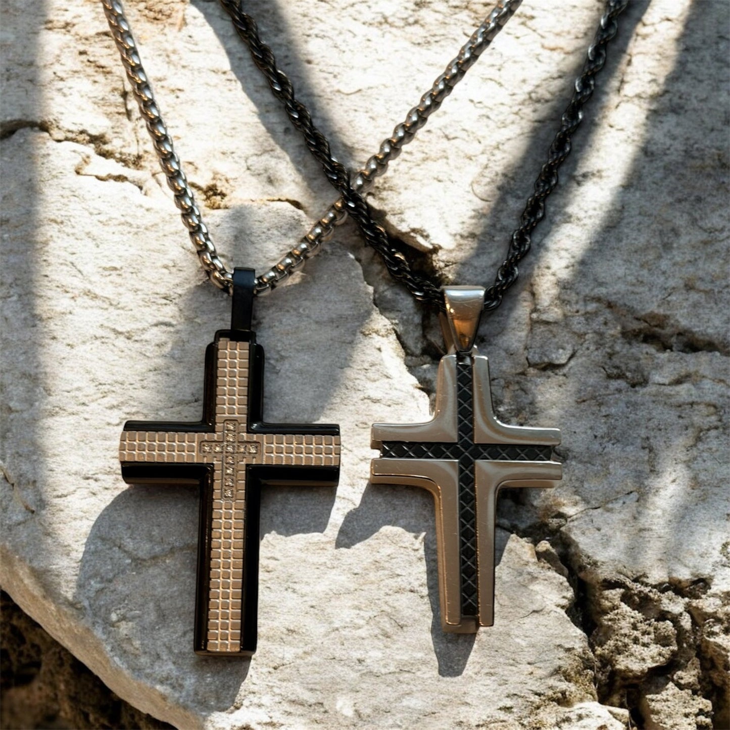 Men's Black Stainless Steel Cross Pendant Necklace With Franco Link Chain Inlay