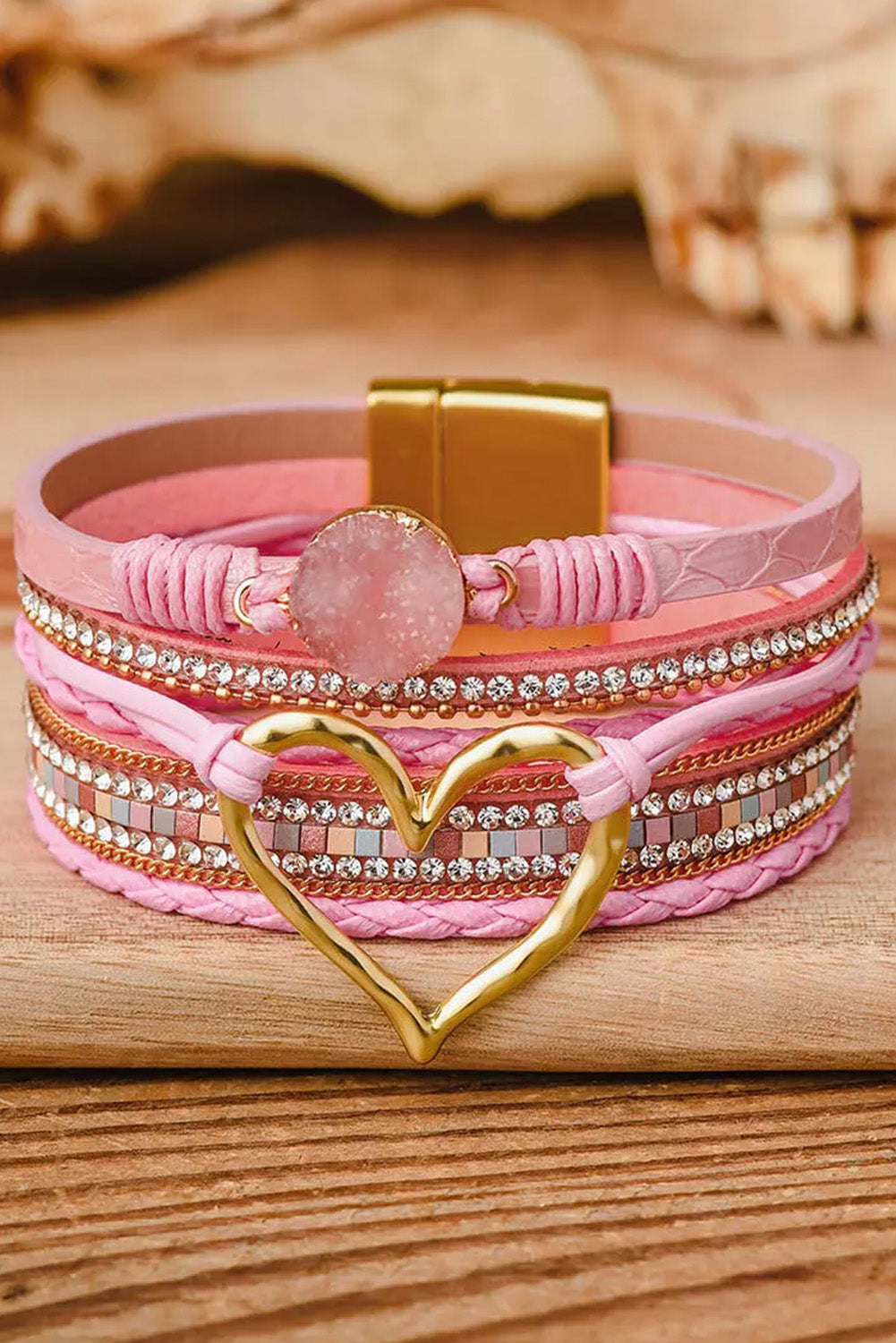 Pink Bohemian Heart Rhinestone Magnetic Buckle Bracelet