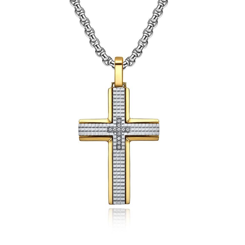 Stainless Steel CZ Cross Pendant Men's Necklace - MJ/MNP