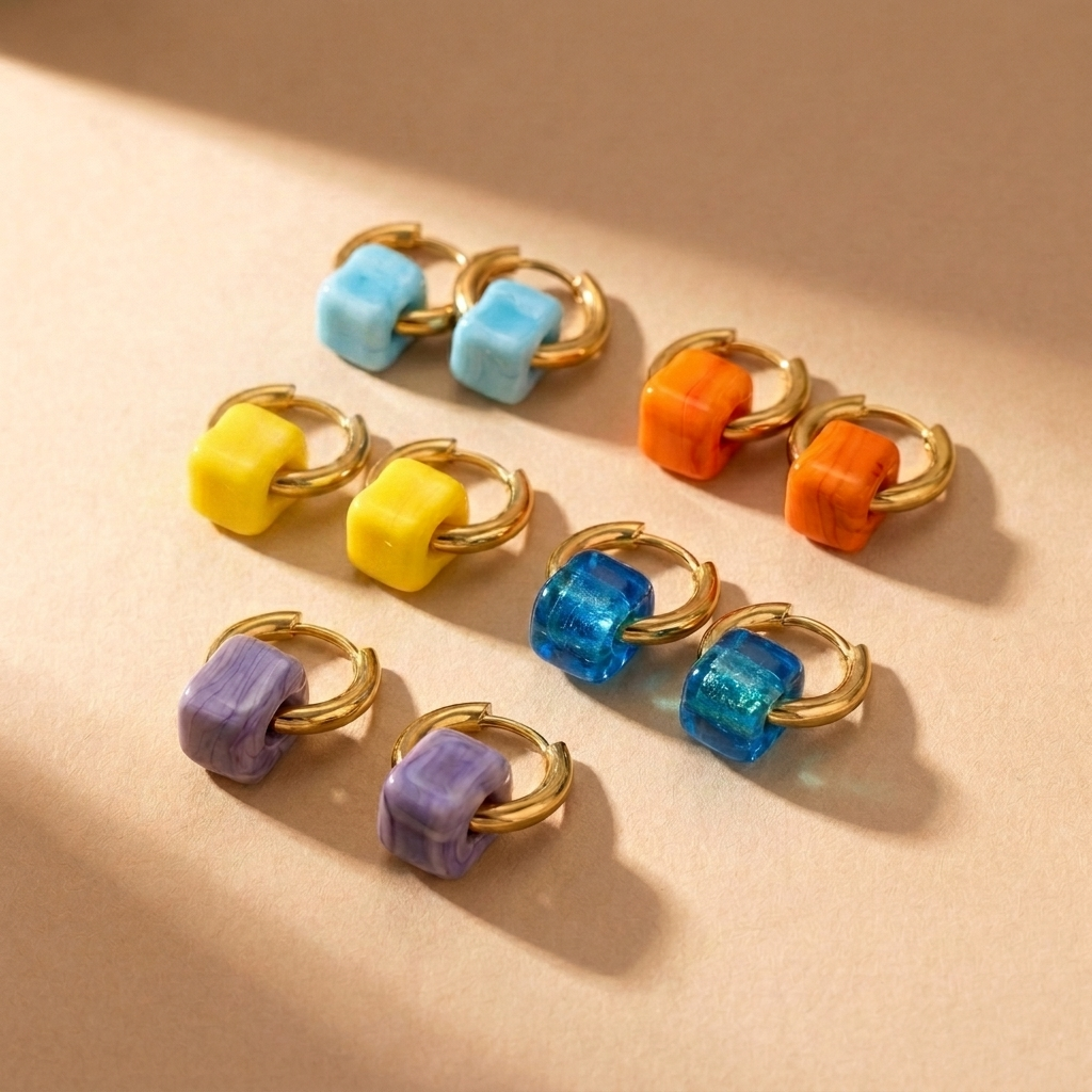 Minimal Hoop Earrings with Rainbow Beads in gold and silver