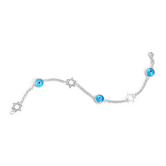 Sterling Silver Blue Evil Eye Star of David Bracelet