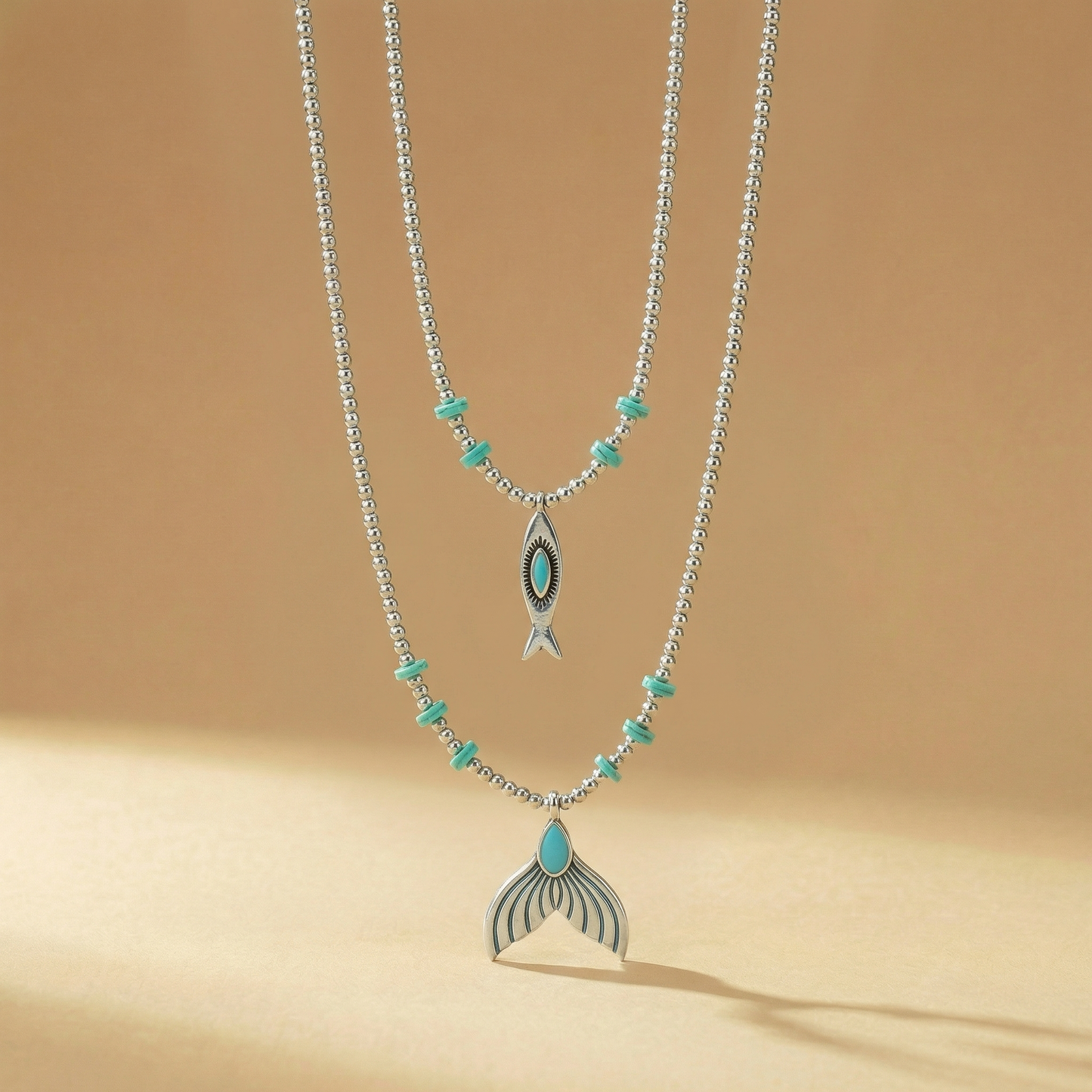 Double Silver Layer Hematite & Turquoise Sea Charm Necklace