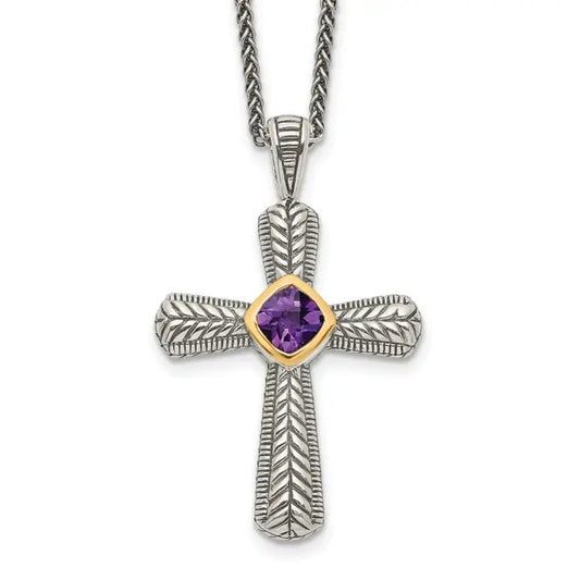 Purple Natural Amethyst Silver Cross Necklace