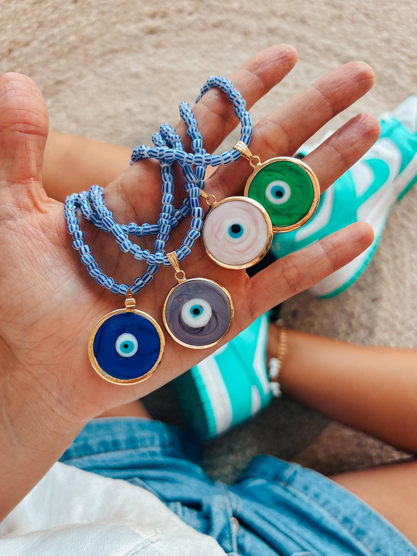 Greek colored beaded necklace with colorful glass eye charm