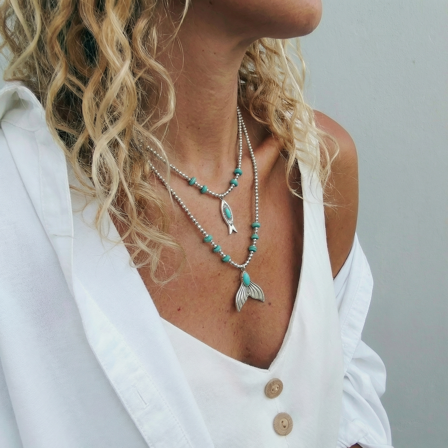 Double Silver Layer Hematite & Turquoise Sea Charm Necklace