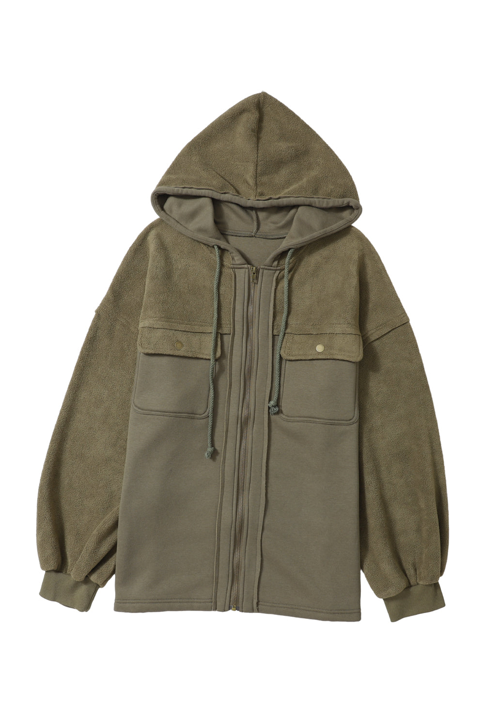 Green Flap Pocket Drawstring Hood Zip Up Jacket