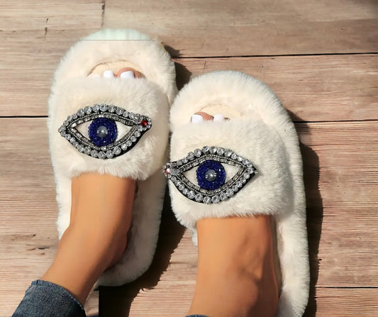 Fuzzy evil eye slippers (pre-order)