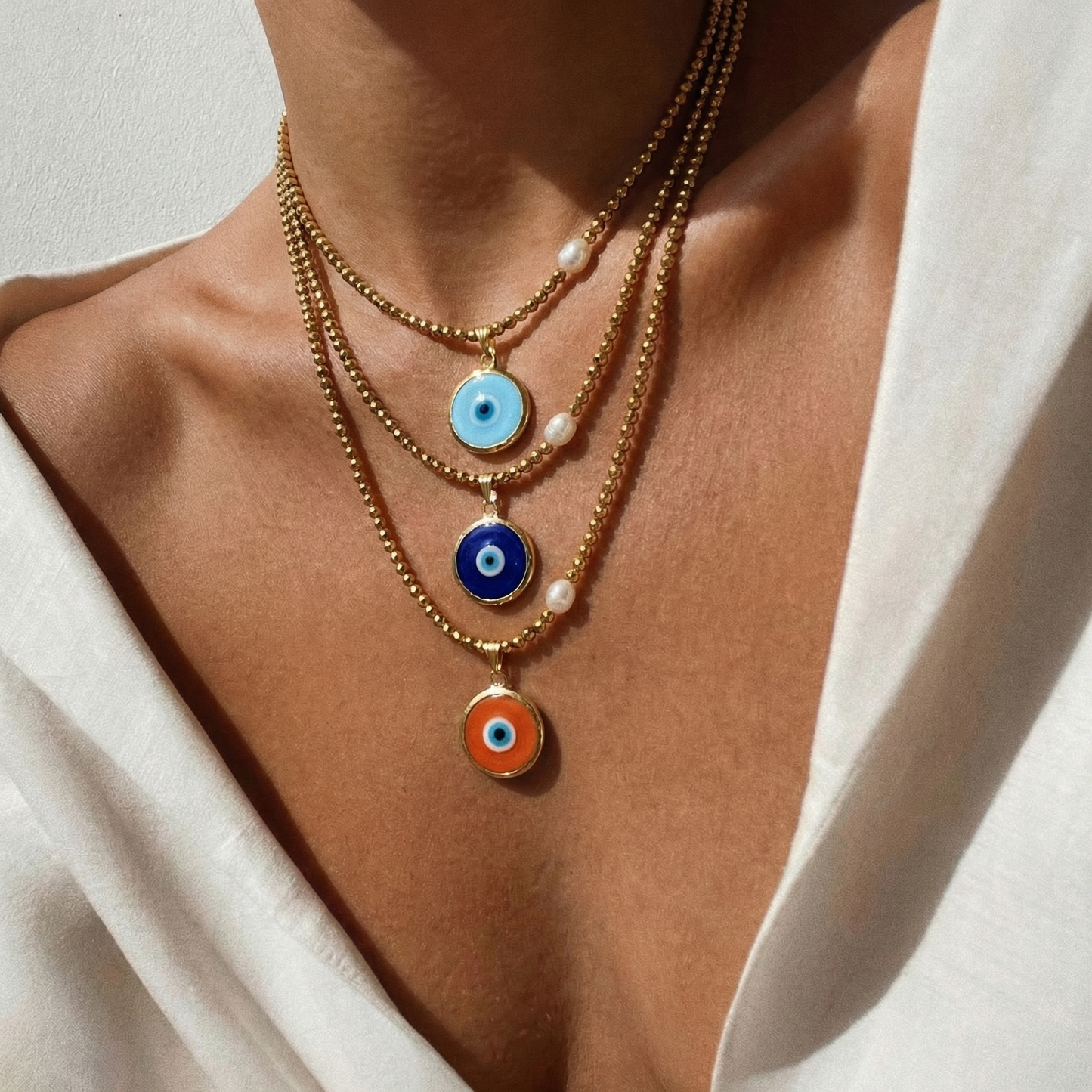 Turquoise Glass Evil Eye Necklace with Gold Hematite & Pearl