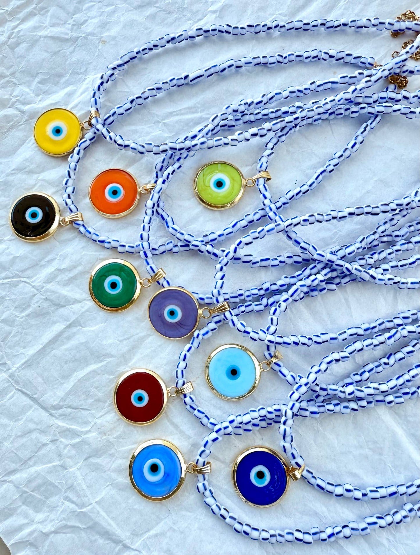 Greek colored beaded necklace with colorful glass eye charm
