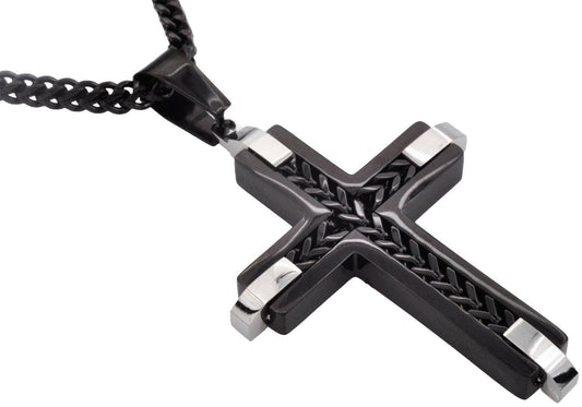 Men's Black Stainless Steel Cross Pendant Necklace With Franco Link Chain Inlay