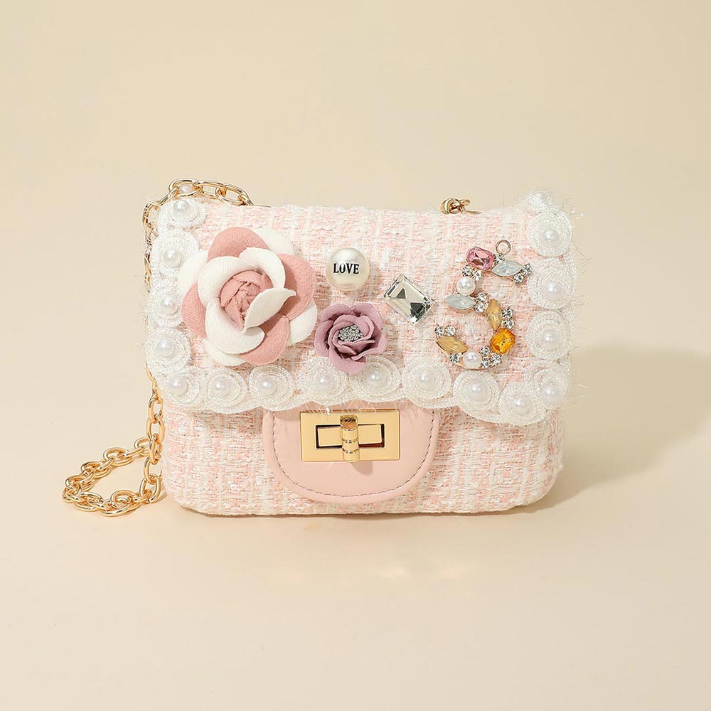 Floral Pearl Stone Tweed Mini Handbag Crossbody Bag