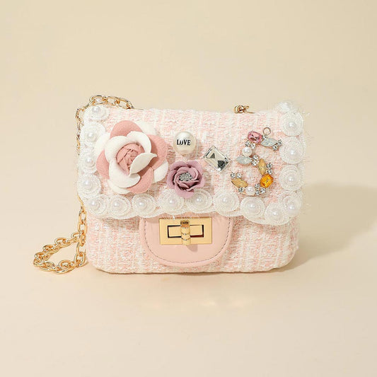 Floral Pearl Stone Tweed Mini Handbag Crossbody Bag