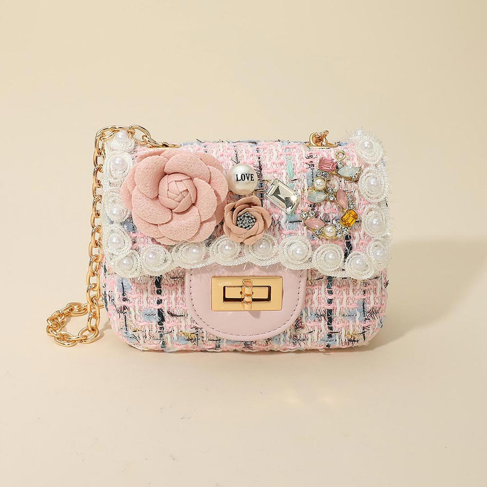 Floral Pearl Stone Tweed Mini Handbag Crossbody Bag