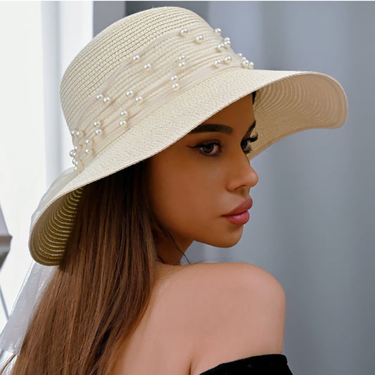 Pearl Embellished Wide Brim Sheer Bow Sun Hat