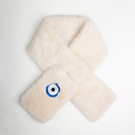 Faux Fur Plush Evil Eye Embroidered Pull Through Scarf