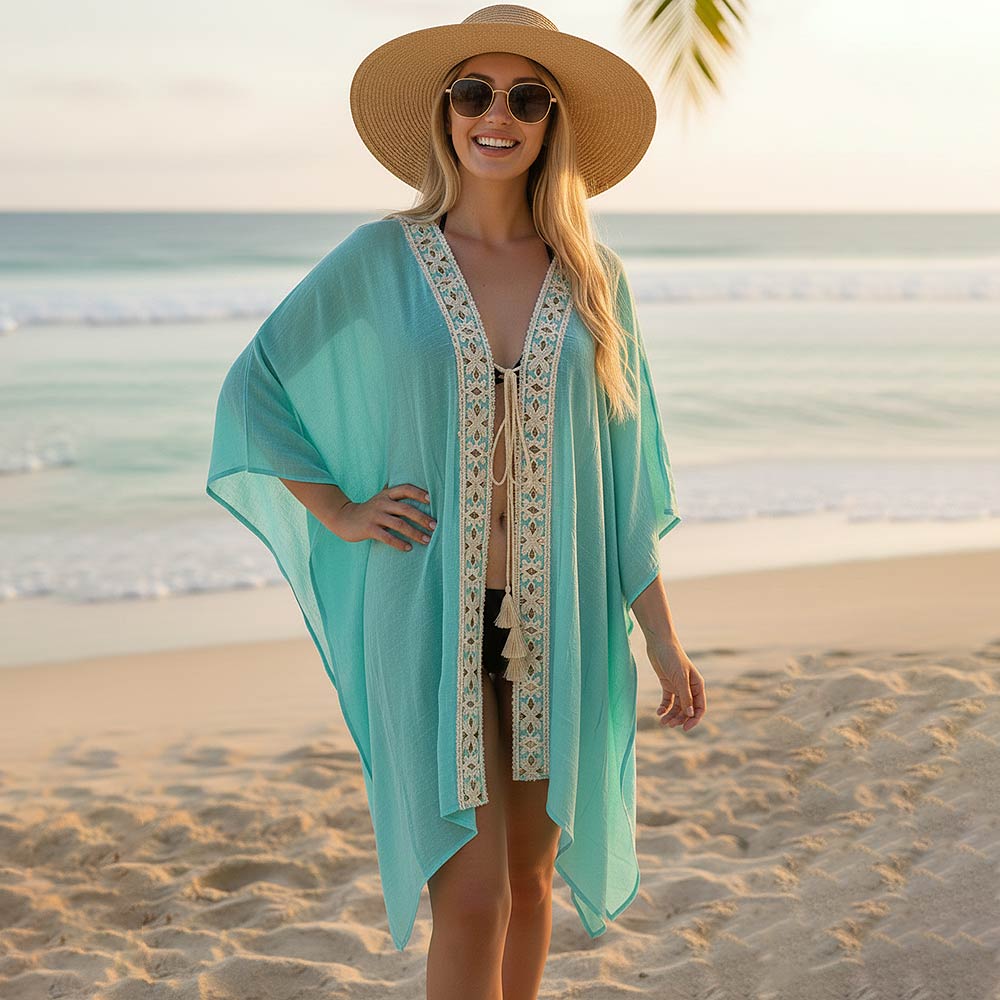 Boho Embroidered  Tassel Tie  Kimono Poncho