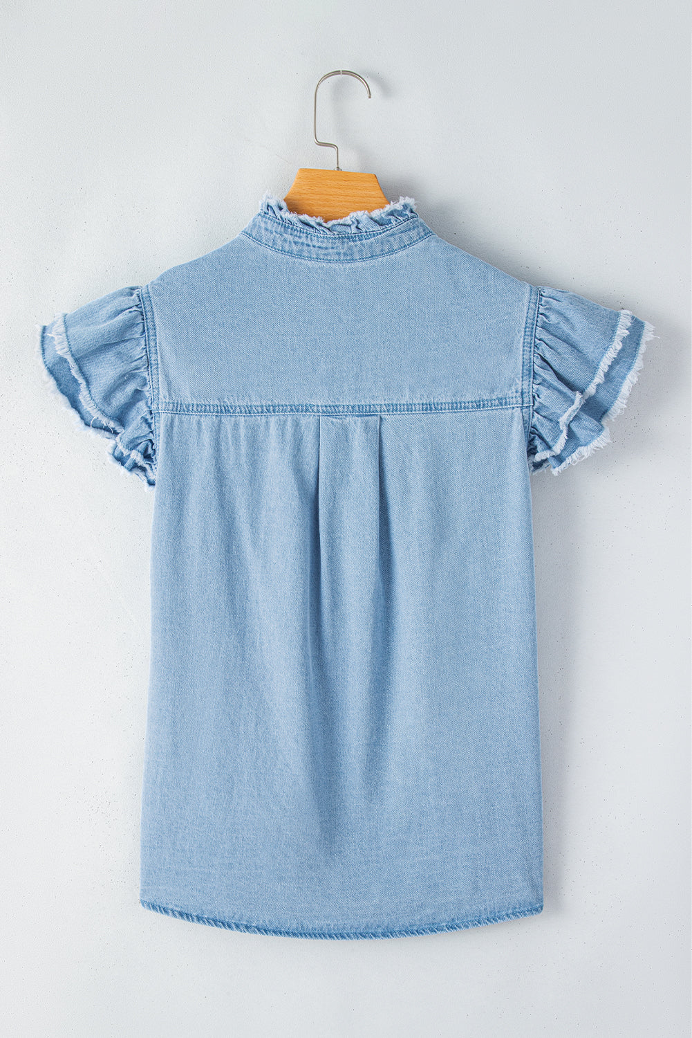 Beau Blue Button Front Ruffled Flutter Frayed Denim Top