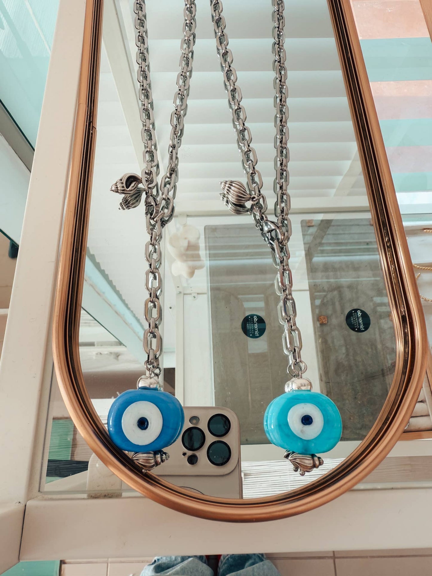 Silver lariat statement necklace with Greek protection eye