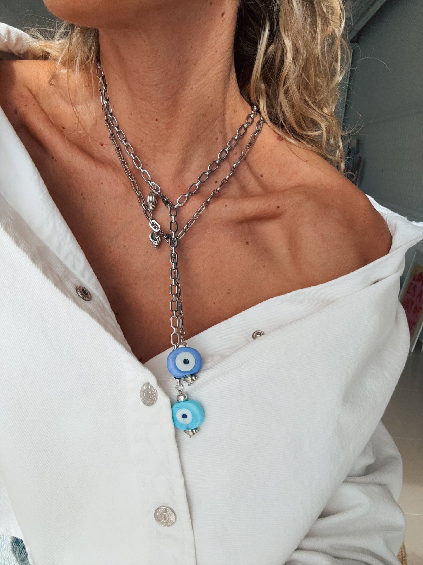 Silver lariat statement necklace with Greek protection eye
