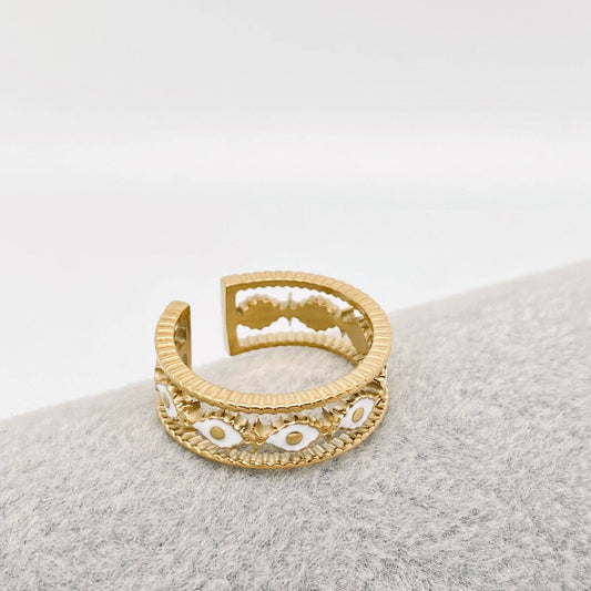 White Enamel Hollow 18K Gold Plated Stainless Steel Ring-FGS
