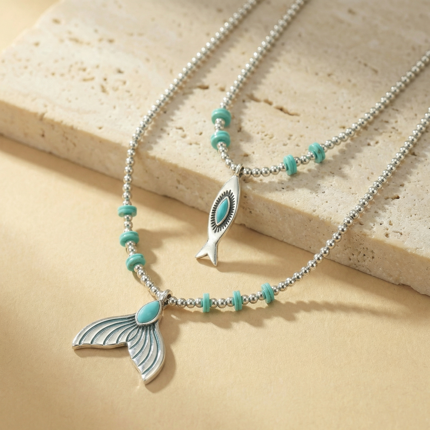 Double Silver Layer Hematite & Turquoise Sea Charm Necklace