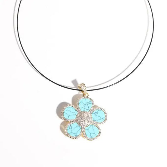Crystal Trimmed Turquoise Statement Flower Necklace
