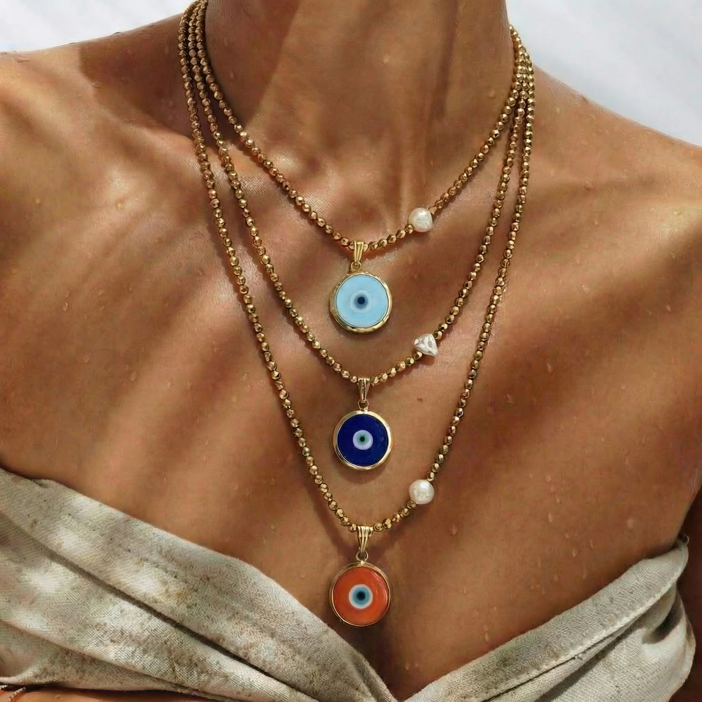 Turquoise Glass Evil Eye Necklace with Gold Hematite & Pearl