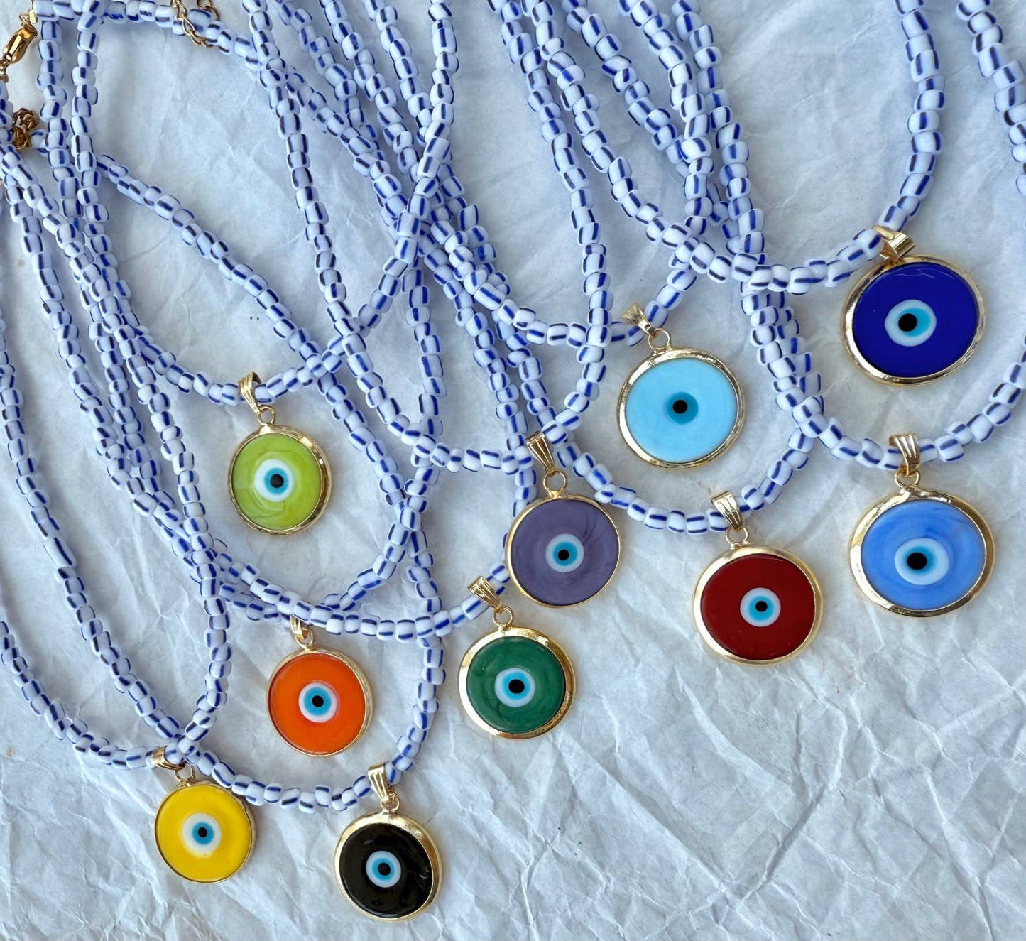 Greek colored beaded necklace with colorful glass eye charm