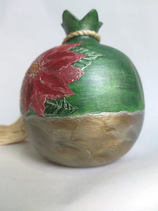 Ceramic Handmade pomegranate with Hand painted Poinsettia Flower