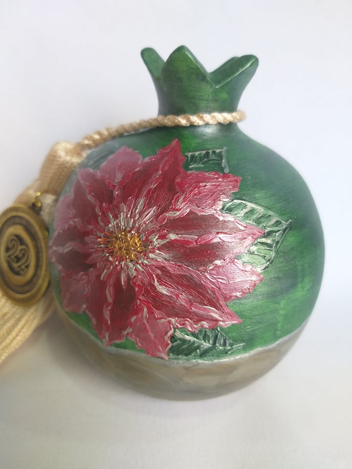 Ceramic Handmade pomegranate with Hand painted Poinsettia Flower