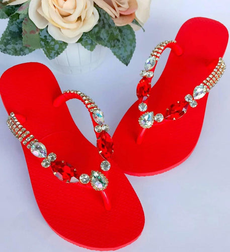 Red flip flops with crystals