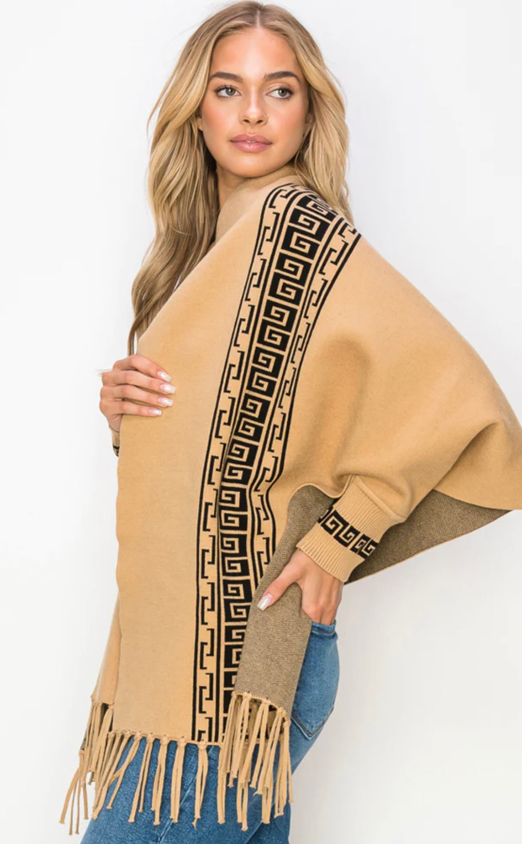 Kiki Sleeved Cape Shawl with Fringe